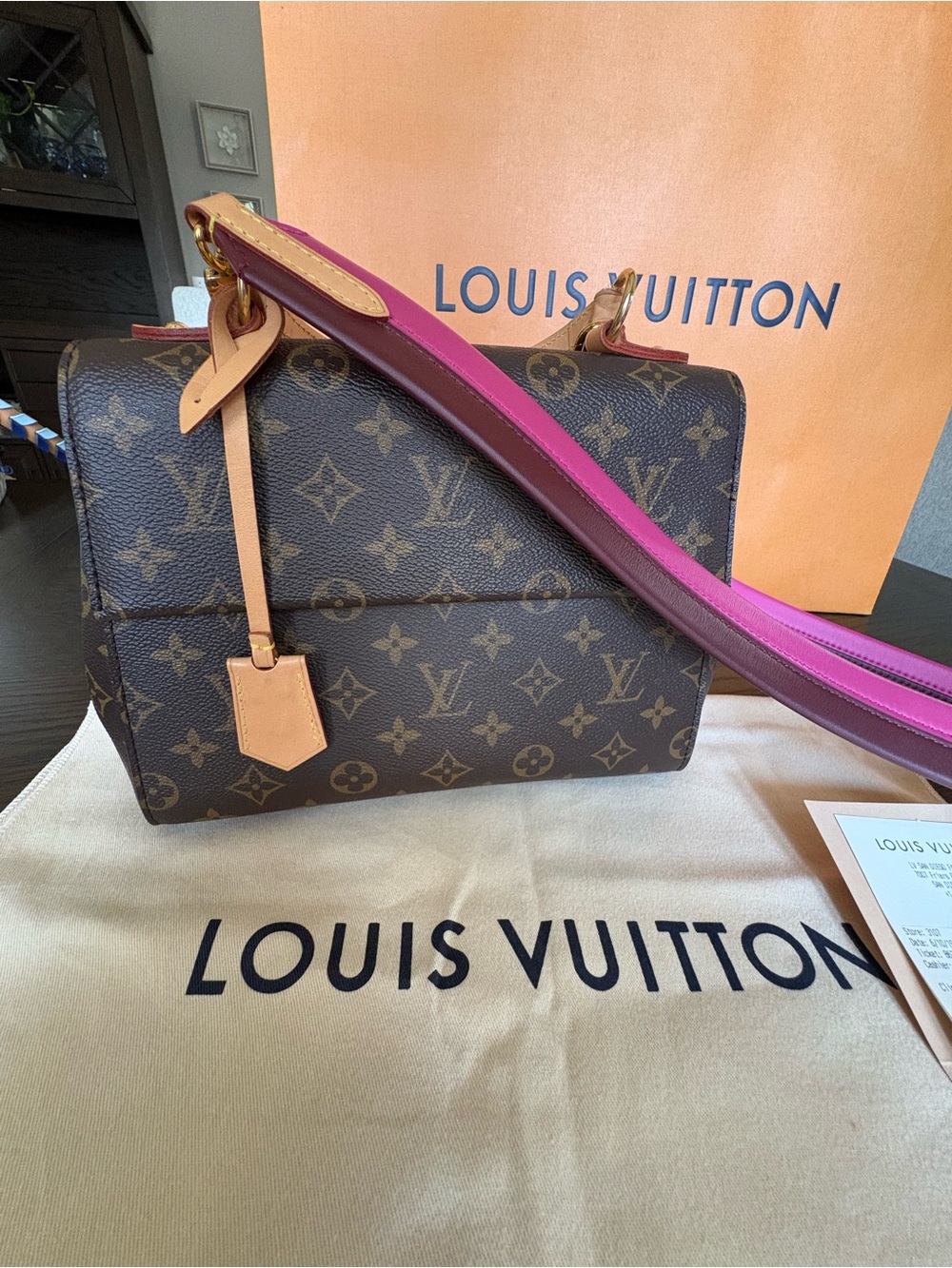 Louis Vuitton Monogram Cluny BB Bag with Pink Strap like new!